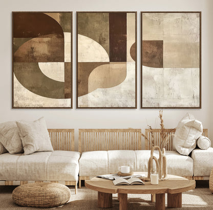 59767-MGV-FC-60X30-3P_Walnut-Abstract Geometric Shapes Wall Art – Modern Minimalist Canvas Print, Neutral Brown Beige Tan Artwork for Living Room, Bedroom,