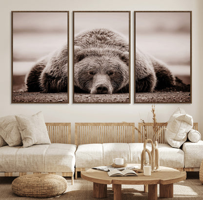 20611-MGV-FC-60X30-3P_Walnut-Grizzly Bear Wall Art – Majestic Wildlife Sepia Canvas Print, Rustic Nature Animal Artwork for Cabin, Lodge, Living Room, Bedroom,
