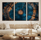 65231-MGV-FC-60X30-3P_Walnut-Blue and Gold Tree Ring Wall Art – Rustic Abstract Wood Slice Canvas Print, Modern Nature Inspired Artwork for Living Room,