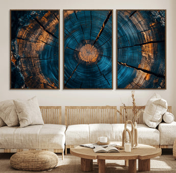 65231-MGV-FC-60X30-3P_Walnut-Blue and Gold Tree Ring Wall Art – Rustic Abstract Wood Slice Canvas Print, Modern Nature Inspired Artwork for Living Room,