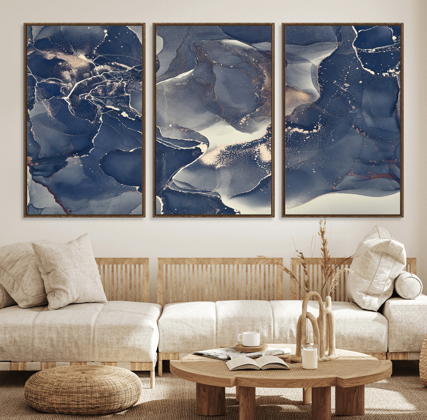 28282-MGV-FC-60X30-3P_Walnut-Blue Abstract Wall Art – Modern Ink Swirl Canvas Print, Contemporary Navy and Gold Painting for Living Room, Bedroom, Office or