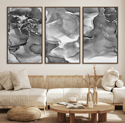 15911-MGV-FC-60X30-3P_Walnut-Black and White Abstract Wall Art – Modern Ink Swirl Canvas Print, Minimalist Contemporary Painting for Living Room, Bedroom,