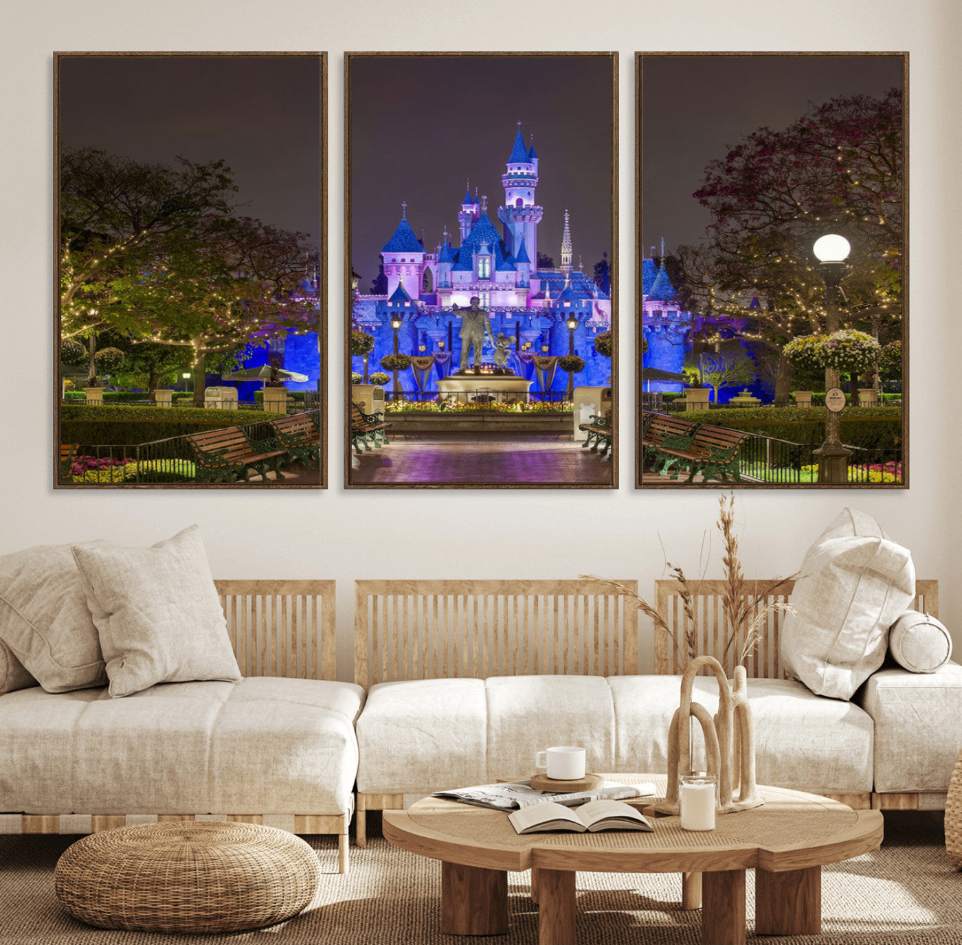63560-MGV-FC-60X30-3P_Walnut-Fairy Tale Castle Wall Art – Magical Night Scene Canvas Print with Lights and Gardens, Fantasy Architecture Artwork for Living