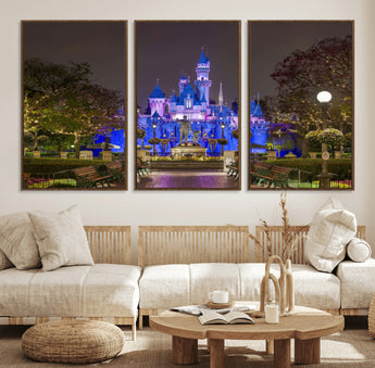 63560-MGV-FC-60X30-3P_Walnut-Fairy Tale Castle Wall Art – Magical Night Scene Canvas Print with Lights and Gardens, Fantasy Architecture Artwork for Living