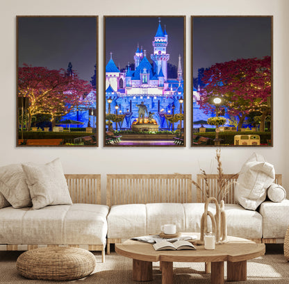66710-MGV-FC-60X30-3P_Walnut-Enchanted Castle Wall Art – Magical Night Scene Canvas Print with Glowing Lights, Fantasy Architecture Artwork for Living Room,