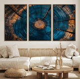 13398-MGV-FC-60X30-3P_Walnut-Tree Ring Wall Art – Abstract Wood Grain Canvas Print with Blue and Orange Accents, Rustic Nature Inspired Artwork for Living