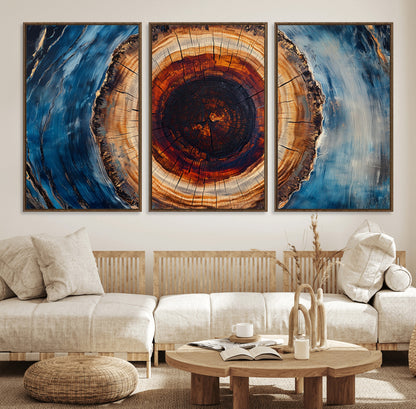 30457-MGV-FC-60X30-3P_Walnut-Tree Ring Wall Art – Abstract Wood Grain Canvas Print with Brown and Blue Swirl, Rustic Nature Inspired Artwork for Living Room,