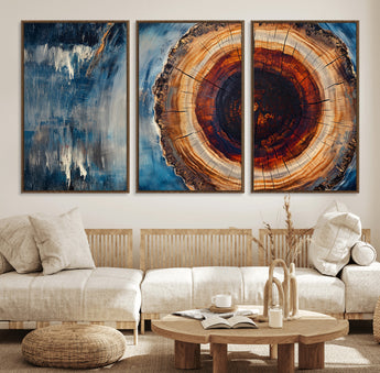48045-MGV-CV-36X24-Tree Ring Abstract Wall Art – Rustic Wood Grain Canvas Print with Brown Center and Blue Brush Strokes, Nature Inspired Artwork for