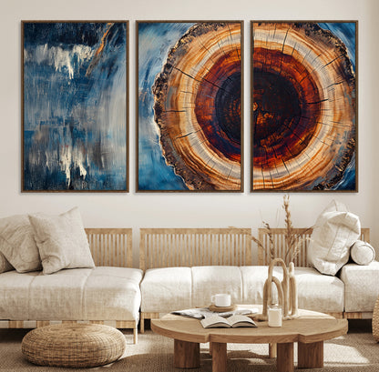 48045-MGV-CV-36X24-Tree Ring Abstract Wall Art – Rustic Wood Grain Canvas Print with Brown Center and Blue Brush Strokes, Nature Inspired Artwork for