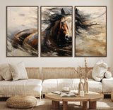 53001-MGV-FC-60X30-3P_Walnut-Wild Horse Wall Art – Majestic Stallion Canvas Print with Flowing Mane, Rustic Western Style Painting for Living Room, Office or