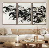 23069-MGV-FC-60X30-3P_Walnut-Galloping Horses Wall Art – Black Ink Painting on Canvas, Dynamic Equestrian Artwork with Running Stallions, Expressive Modern
