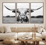 20272-MGV-CV-36X24-Highland Cow Wall Art – Black and White Western Longhorn Canvas Print, Farmhouse Living Room Decor Southwestern Animal Artwork for