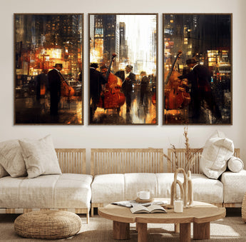 58782-MGV-FC-60X30-3P_Walnut-Jazz Musicians Cityscape Wall Art – Vibrant Urban Night Canvas Print, Elegant Music Themed Decor for Living Room, Office, or Music