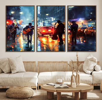 94605-MGV-FC-60X30-3P_Walnut-City Jazz Night Wall Art – Vibrant Music Canvas Print Featuring Saxophone, Guitar and Bass Players, Urban Street Scene Artwork for