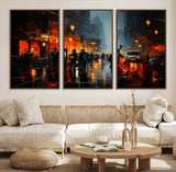 46538-MGV-FC-60X30-3P_Walnut-Urban Jazz Night Wall Art – Dramatic Music Canvas Print with Double Bass and Street Musicians, Modern City Scene Artwork for