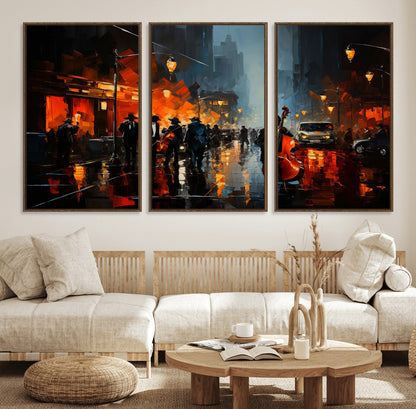 46538-MGV-FC-60X30-3P_Walnut-Urban Jazz Night Wall Art – Dramatic Music Canvas Print with Double Bass and Street Musicians, Modern City Scene Artwork for