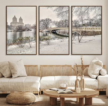 60292-MGV-FC-60X30-3P_Walnut-Central Park Winter Wall Art – Snowy Bow Bridge Canvas Print, Scenic New York City Landscape Photography for Living Room, Bedroom