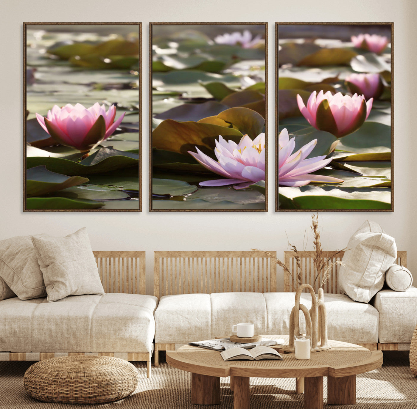 72218-MGV-FC-60X30-3P_Walnut-Water Lily Pond Wall Art – Pink Lotus Flowers Canvas Print with Green Lily Pads, Peaceful Botanical Artwork for Living Room,