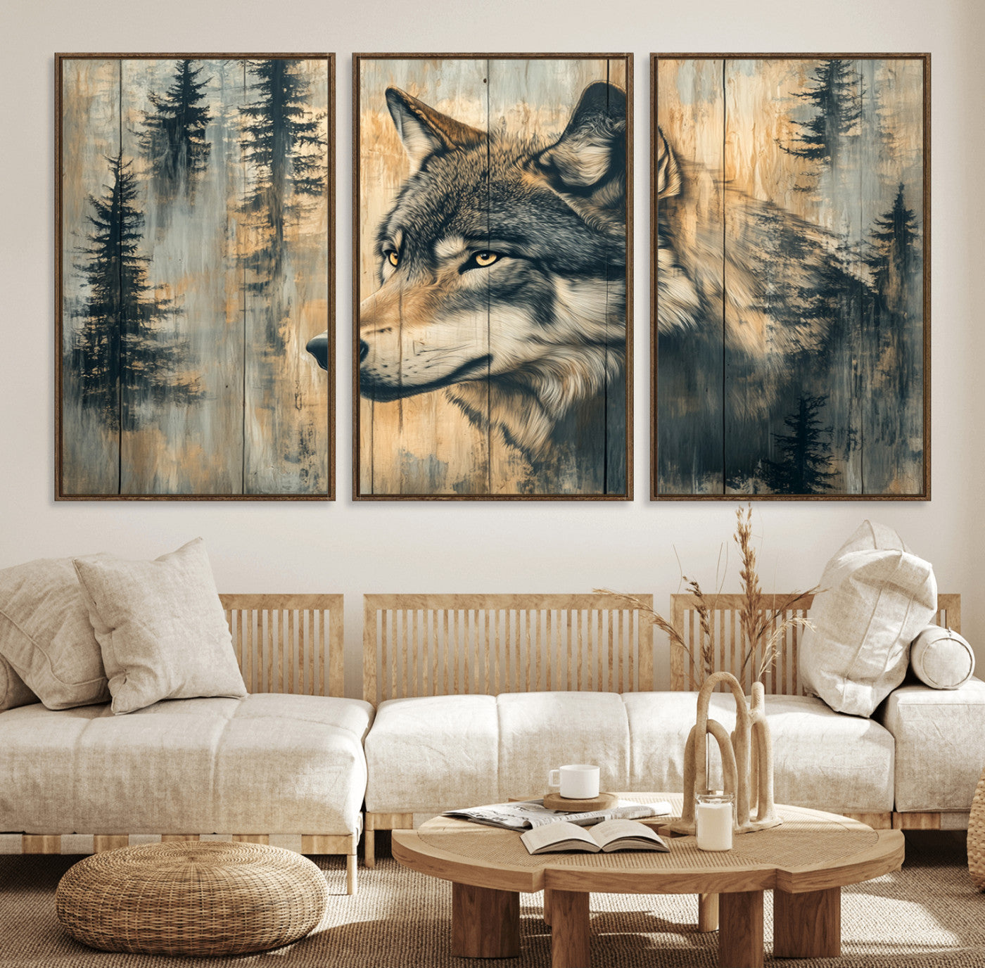 51892-MGV-FC-60X30-3P_Walnut-Wolf Wall Art – Rustic Canvas Print of Wolf with Forest Trees on Wood Texture, Wildlife Lodge Artwork for Living Room, Bedroom,