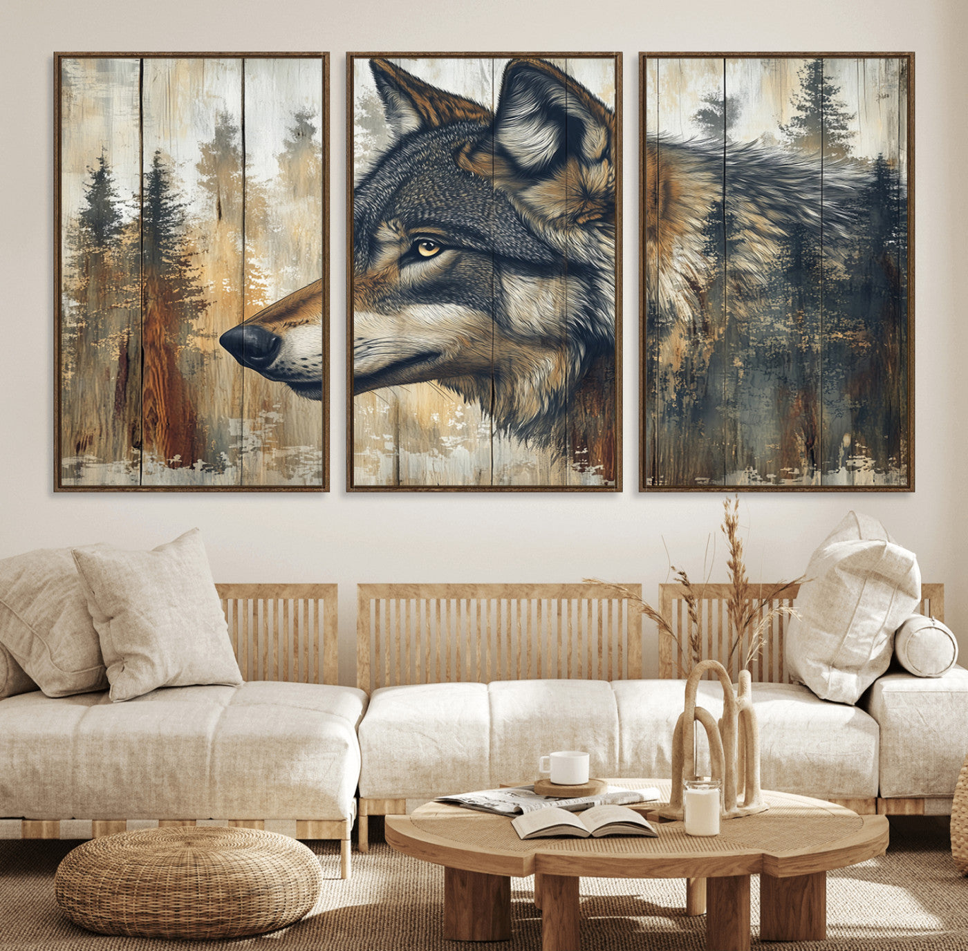 91882-MGV-CV-36X24-Wolf Wall Art – Rustic Canvas Print of Forest Wolf on Wood Background, Wildlife Lodge Artwork for Living Room, Bedroom, Cabin, or