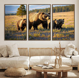 43400-MGV-FC-60X30-3P_Walnut-Bear Family Wall Art – Wildlife Canvas Print of Mother Bear with Cubs in Sunlit Meadow, Rustic Animal Artwork for Living Room,