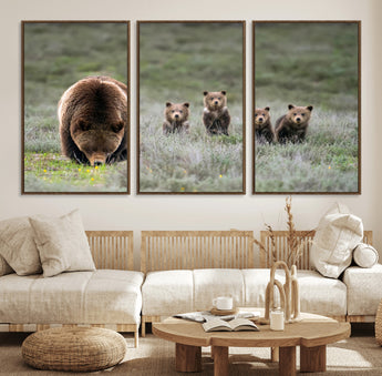 40555-MGV-FC-60X30-3P_Walnut-Bear Family Wall Art – Wildlife Canvas Print of Mother Bear with Four Cubs in Nature, Rustic Animal Artwork for Living Room,