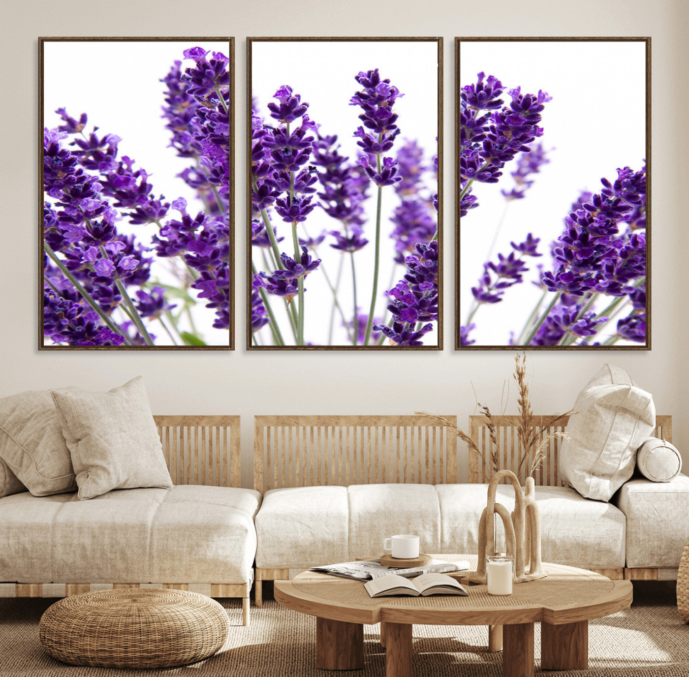 84456-MGV-FC-60X30-3P_Walnut-Lavender Wall Art – Botanical Canvas Print Featuring Purple Floral Stems, Fresh Nature Inspired Artwork for Living Room, Bedroom,