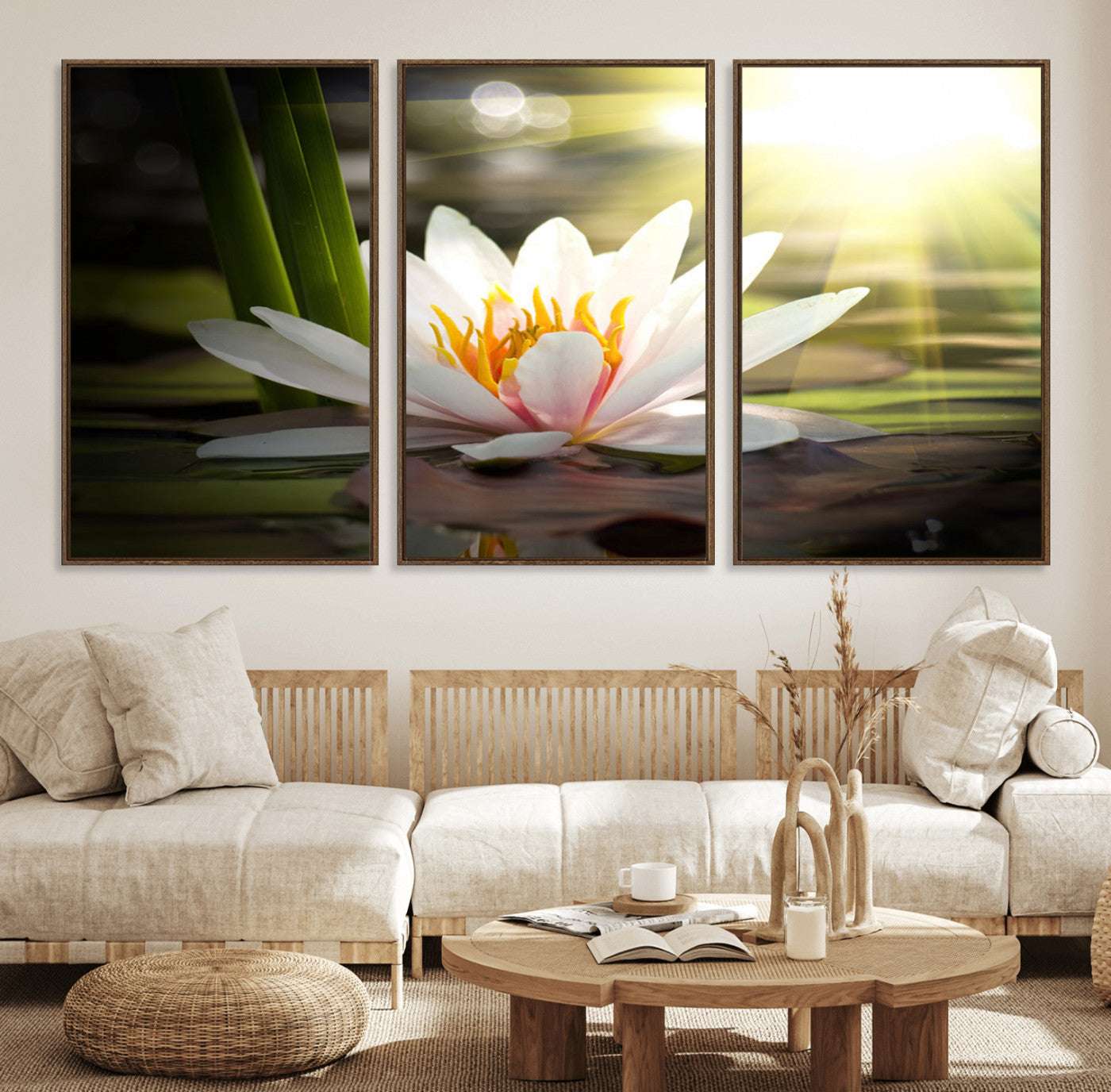 60352-MGV-CV-36X24-White Water Lily Wall Art – Lotus Flower Canvas Print with Sunlight Reflection, Peaceful Botanical Artwork for Living Room,