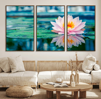 30320-MGV-FC-60X30-3P_Walnut-Pink Water Lily Wall Art – Lotus Flower Canvas Print with Reflection Water, Peaceful Botanical Artwork for Living Room, Bedroom,