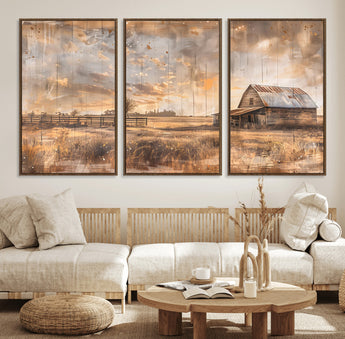 FARM2-MGV-FC-60X30-3P_Walnut-Rustic Farmhouse Wall Art Canvas Print, Framed Old Barn Art Picture Print, Southwestern Farmhouse Perfect Rustic Decor Artwork