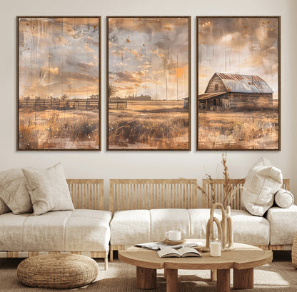 FARM2-MGV-FC-60X30-3P_Walnut-Rustic Farmhouse Wall Art Canvas Print, Framed Old Barn Art Picture Print, Southwestern Farmhouse Perfect Rustic Decor Artwork