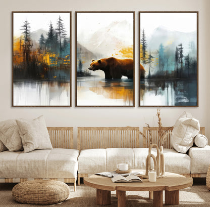 50308-MGV-CV-36X24-Abstract Rustic Bear Wall Art – Forest and Mountain Scene Canvas Print, Nature Artwork for Modern Farmhouse or Log Cabin Decor