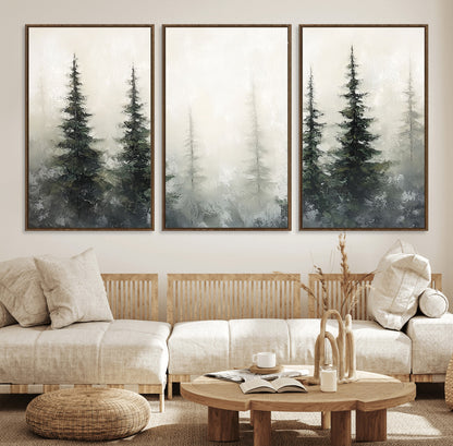 33241-MGV-FC-60X30-3P_Walnut-Misty Forest Wall Art Canvas Print, Framed Foggy Pines Art Picture Print, Forest Haze Perfect Rustic Minimalist Decor Artwork