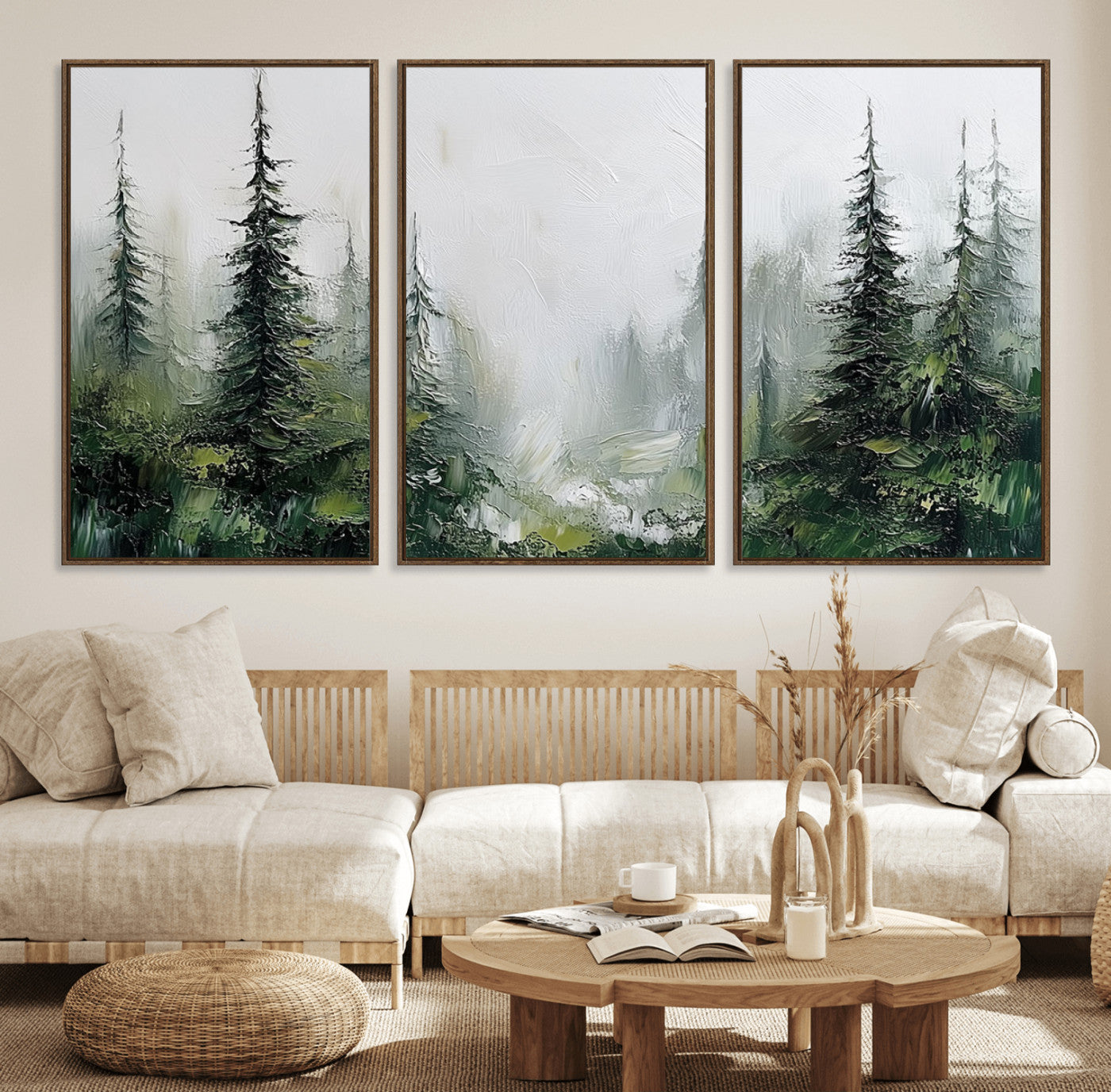76014-MGV-FC-60X30-3P_Walnut-Forest Wall Art – Textured Canvas Print Featuring Misty Evergreen Pines and Woodland Landscape, Rustic Nature Artwork for Living