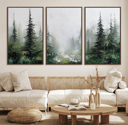 76014-MGV-FC-60X30-3P_Walnut-Forest Wall Art – Textured Canvas Print Featuring Misty Evergreen Pines and Woodland Landscape, Rustic Nature Artwork for Living