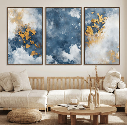 39575-MGV-FC-60X30-3P_Walnut-Blue and Gold Abstract Wall Art – Modern Canvas Print Featuring Cloudy Textures with Metallic Accents, Contemporary Artwork for
