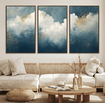 75131-MGV-FC-60X30-3P_Walnut-Abstract Cloud Wall Art – Modern Canvas Print Featuring Blue and White Clouds with Golden Accents, Contemporary Artwork for Living