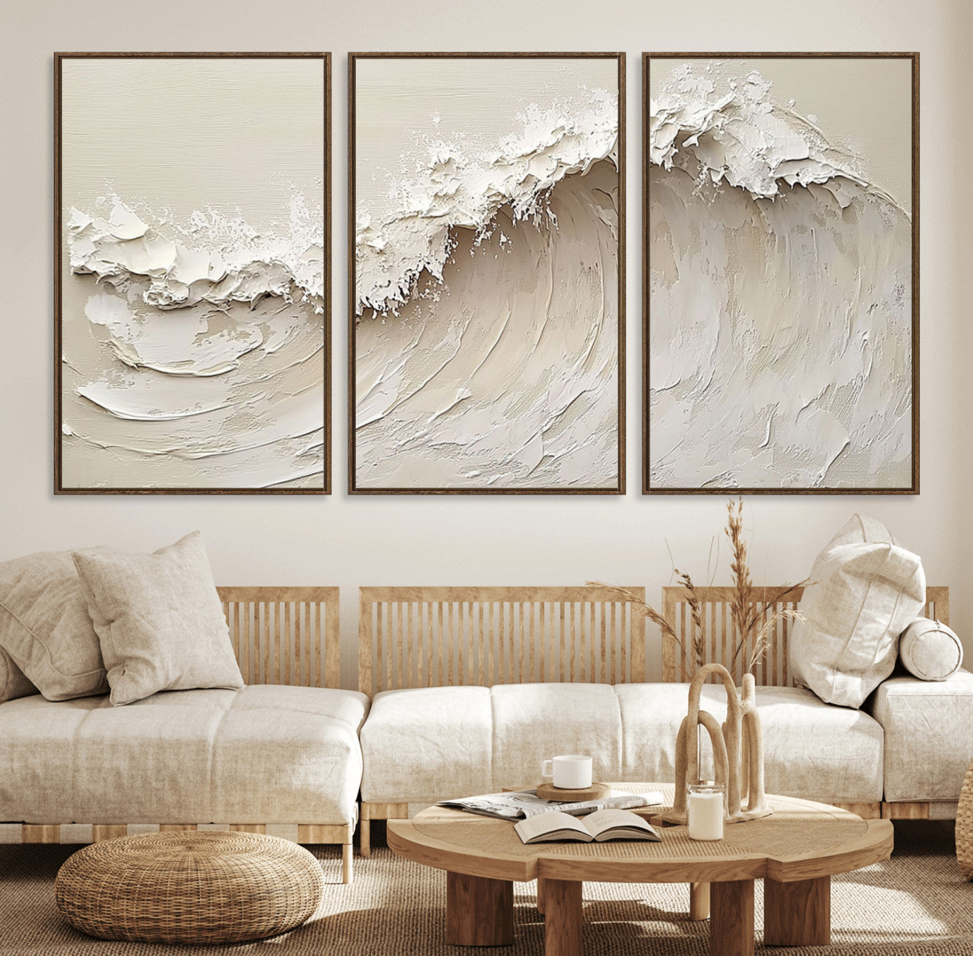 45175-MGV-FC-60X30-3P_Walnut-Textured Wave Wall Art Canvas Print, Framed Minimal Seascape Art Picture Print, Elegant Wave Perfect Modern Coastal Decor Artwork