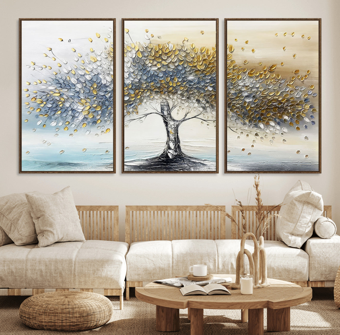 24771-MGV-FC-60X30-3P_Walnut-Silver Tree Wall Art Canvas Print, Framed Golden Leaves Art Picture Print, Metallic Tree Perfect Minimalist Luxury Decor Artwork
