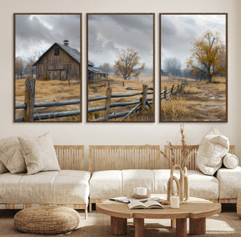 Farm1-MGV-CV-36X24-Rustic Autumn Farmhouse Wall Art – Serene Countryside Scene Canvas Print, Weathered Barn and Autumn Trees Decor for Living Room,
