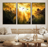 13776802-MGV-CV-36X24-Golden Forest Wall Art Canvas Print, Framed Sunset Pines Art Picture Print, Flying Birds Perfect Nature Glow Decor Artwork