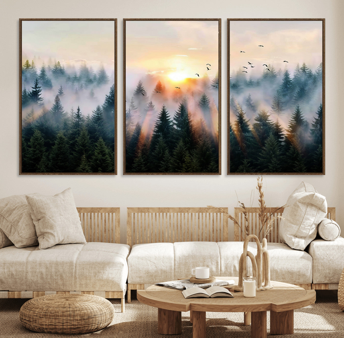 56391411-MGV-FC-60X30-3P_Walnut-Misty Forest Wall Art Canvas Print, Framed Sunrise Pines Art Picture Print, Moody Pines Perfect Serene Woodland Decor Artwork