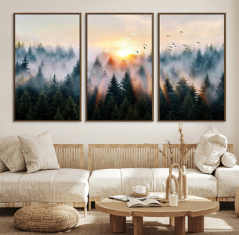 56391411-MGV-FC-60X30-3P_Walnut-Misty Forest Wall Art Canvas Print, Framed Sunrise Pines Art Picture Print, Moody Pines Perfect Serene Woodland Decor Artwork