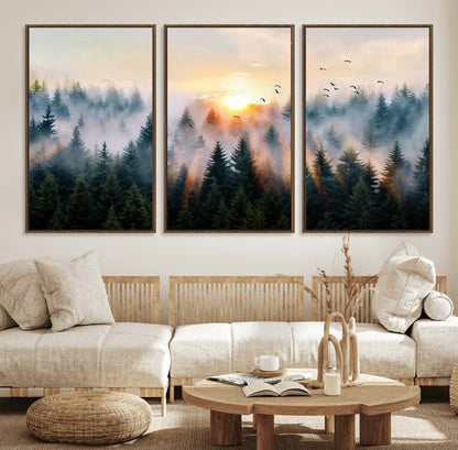 56391411-MGV-FC-60X30-3P_Walnut-Misty Forest Wall Art Canvas Print, Framed Sunrise Pines Art Picture Print, Moody Pines Perfect Serene Woodland Decor Artwork