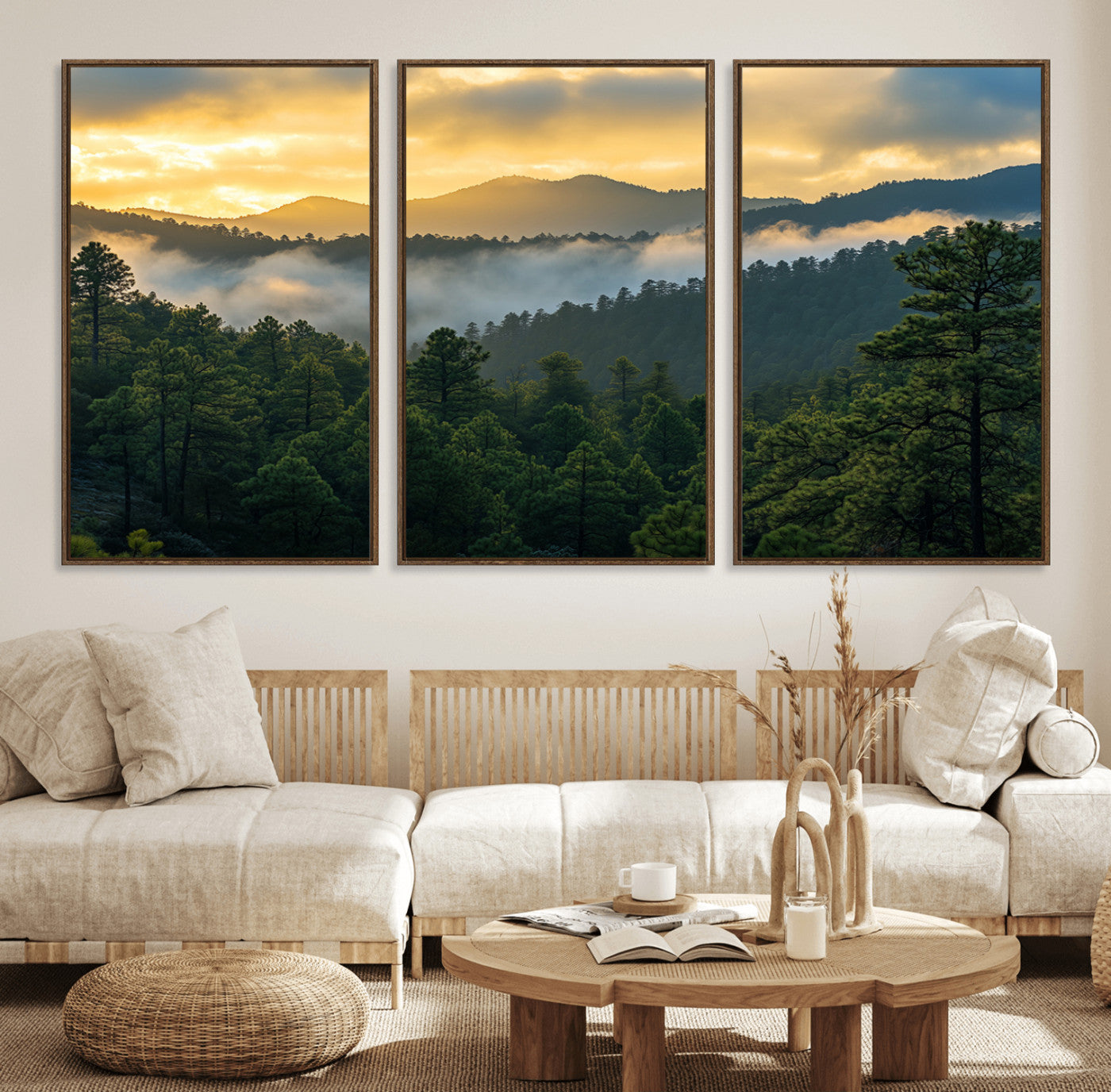 68082278-MGV-FC-60X30-3P_Walnut-Mountain Sunrise Wall Art Canvas Print, Framed Pine Forest Art Picture Print, Misty Mountains Perfect Earthy Woodland Decor
