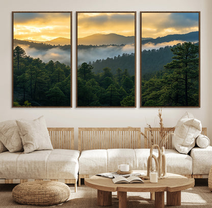 68082278-MGV-FC-60X30-3P_Walnut-Mountain Sunrise Wall Art Canvas Print, Framed Pine Forest Art Picture Print, Misty Mountains Perfect Earthy Woodland Decor