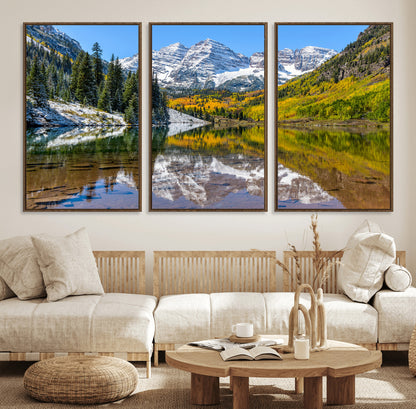 87724099-MGV-FC-60X30-3P_Walnut-Maroon Bells Wall Art Canvas Print, Framed Snowy Mountains Art Picture Print, Pine Forest Perfect Vibrant Alpine Decor Artwork