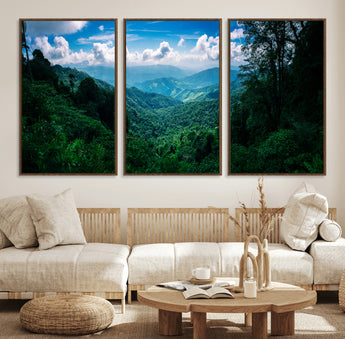 74439378-MGV-FC-60X30-3P_Walnut-Tropical Jungle Wall Art Canvas Print, Framed Lush Valley Art Picture Print, Forest Mountains Perfect Tropical Wilderness Decor