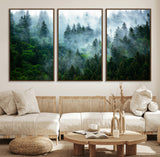 17393683-MGV-FC-60X30-3P_Walnut-Misty Forest Art Wall Art Canvas Print, Framed Foggy Mountain Art Art Picture Print, Scenic Wall Print Perfect Decor Artwork