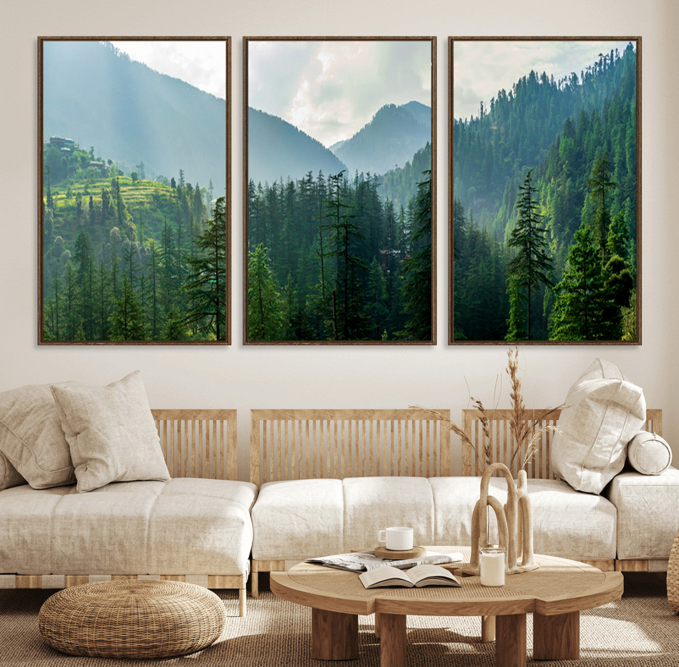 83417191-MGV-FC-60X30-3P_Walnut-Misty Mountain Forest Wall Art – Pine Tree Landscape Canvas Print, Nature Photography Panorama, Tranquil Green Forest Décor for